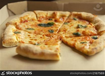 high angle delicious pizza box