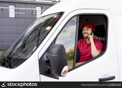 high angle delivery service man talking phone