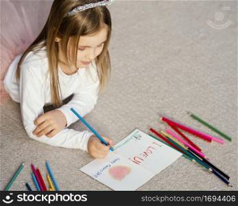 high angle girl holding drawing card father s day