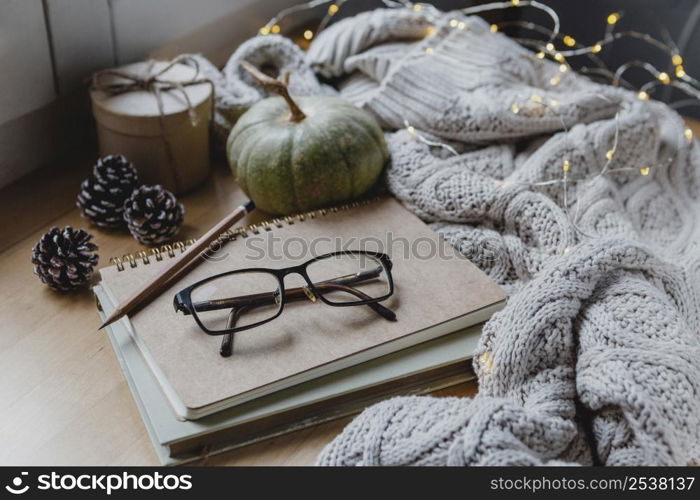 high angle glasses agenda with pumpkin pullover