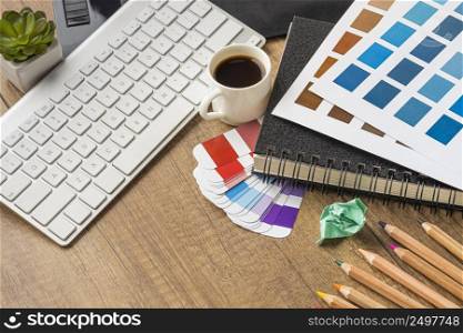 high angle items redecorating house with color palette coffee