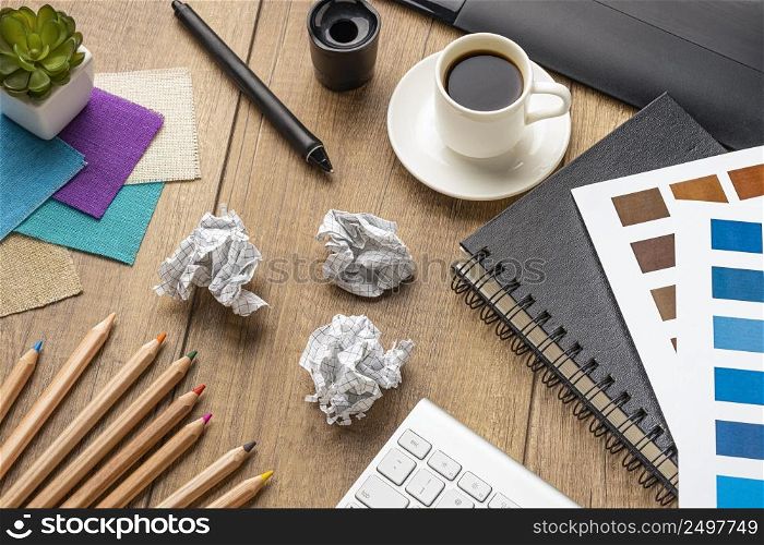 high angle items redecorating house with color palette crumpled paper