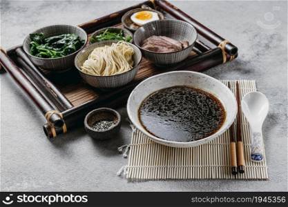 high angle japanese dish assortment. High resolution photo. high angle japanese dish assortment. High quality photo