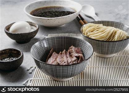high angle japanese dish composition