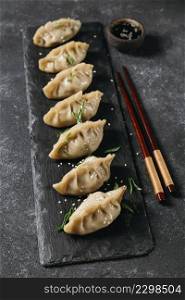 high angle japanese dumplings arrangement
