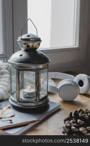high angle lamp with candle headphones