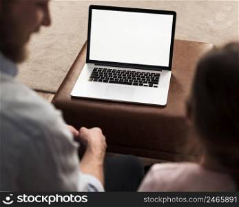 high angle little girl dad spending time together laptop