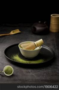high angle matcha tea powder bowl with sieve plate. High resolution photo. high angle matcha tea powder bowl with sieve plate. High quality photo