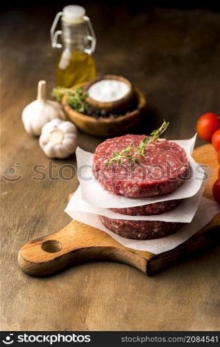 high angle meat with herbs oil