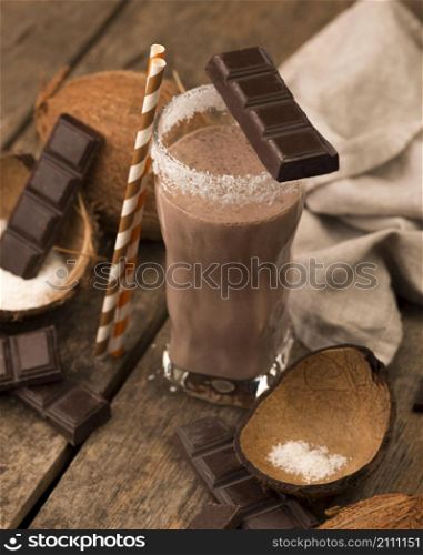 high angle milkshake glass tray with chocolate coconut