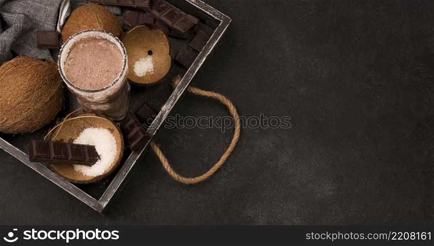 high angle milkshake glass tray with coconut chocolate
