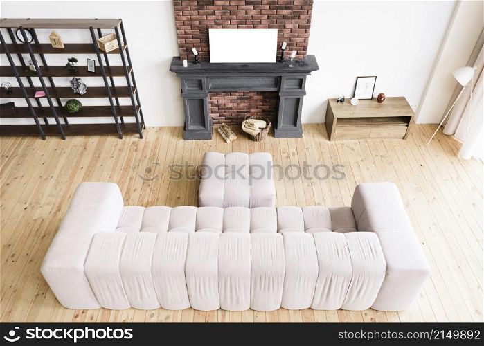 high angle minimalist living room with fireplace