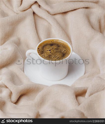 high angle morning cup coffee bed