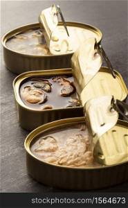 high angle mussels tuna cans
