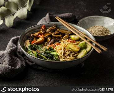 high angle noodles meal arrangement