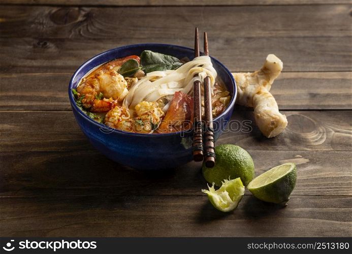 high angle noodles meal bowl arrangement