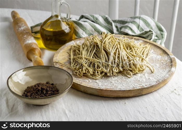 high angle noodles wooden board arrangement
