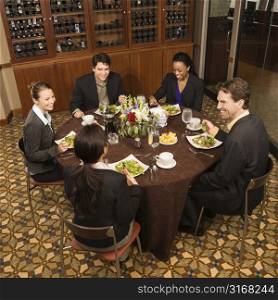 High angle of group of businesspeople in restaurant dining.
