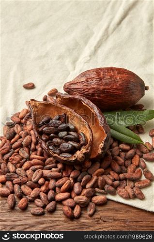 High angle of pile of raw unpeeled cocoa beans with whole and halved cocoa pods placed on rough fabric. Unpeeled cocoa beans with pods on fabric