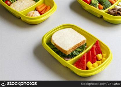 high angle packed sandwiches fruits