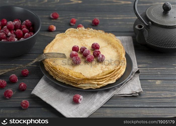 high angle pancakes with fruits. Beautiful photo. high angle pancakes with fruits