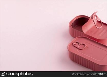 high angle pink tin cans with copy space