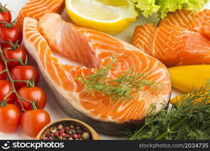 high angle salmon vegetables