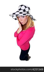 High-angle shot of a woman wearing a funky hat