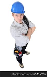 high angle shot young electrician carrying extension cord