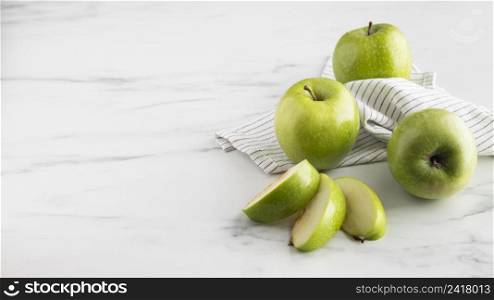 high angle sliced apples table with copy space