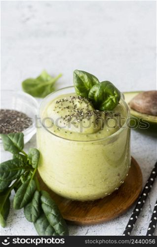 high angle smoothie with leaves