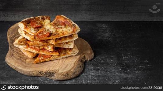 high angle stack pizzas with copy space