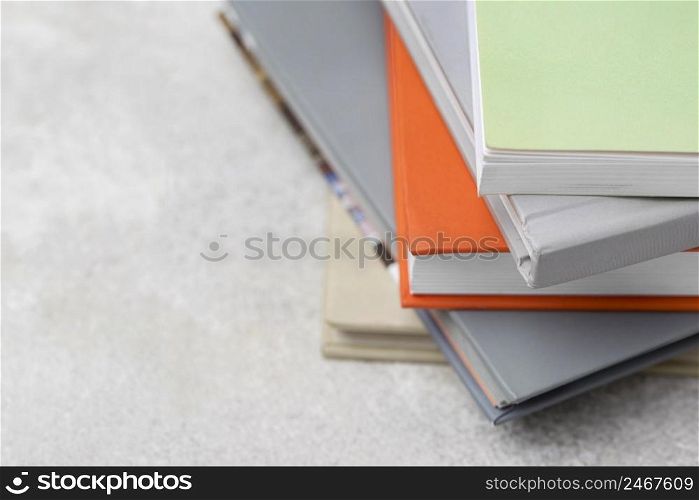 high angle stacked books table