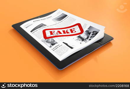 high angle tablet with papers fake news