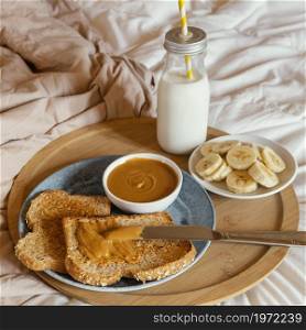 high angle tasty breakfast bed. High resolution photo. high angle tasty breakfast bed. High quality photo