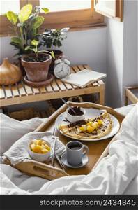 high angle tasty breakfast tray bed