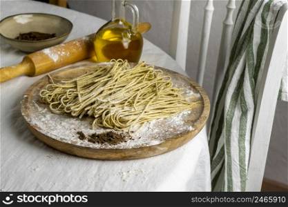 high angle tasty noodles wooden board
