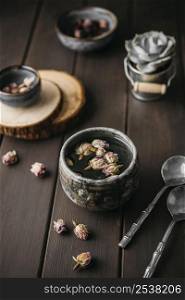 high angle tea with dried flowers