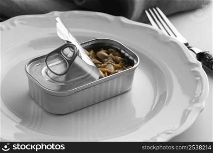 high angle tin can with food plate with fork