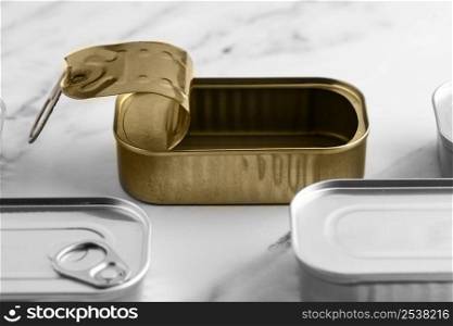 high angle tin cans kitchen counter