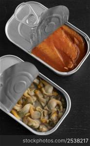 high angle tin cans with food