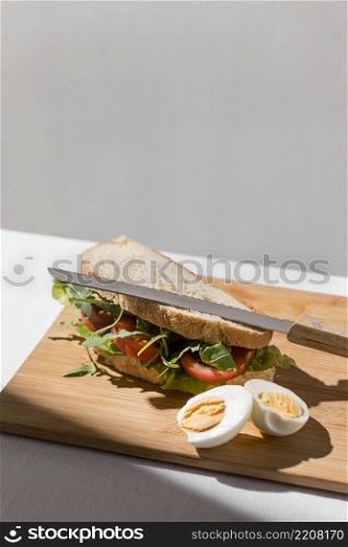 high angle toast sandwich with tomatoes hard boiled egg copy space