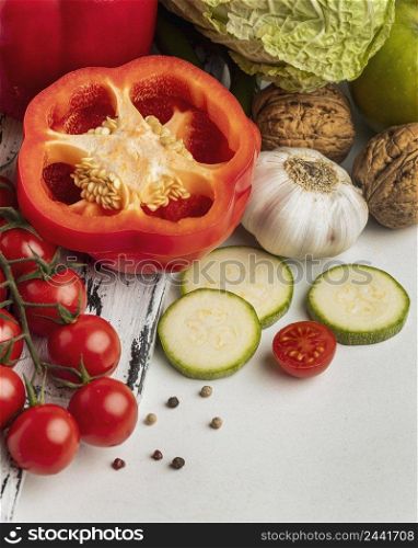 high angle tomatoes with garlic bell pepper
