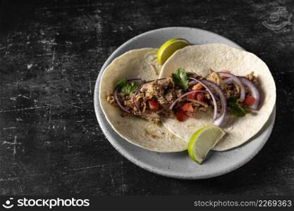 high angle tortilla with meat vegetables