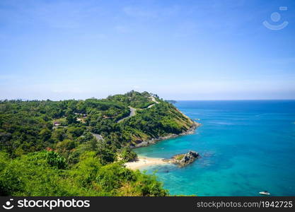 High angle view beautiful landscape of the island and Andaman sea from Windmill viewpoint is a famous attractions of Phuket Province in Thailand