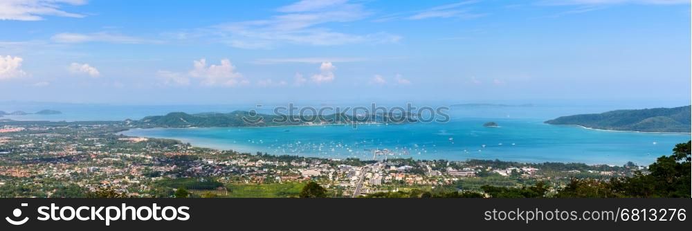 High angle view beautiful panorama landscape of Ao Chalong bay and city sea side in Phuket Province, Thailand