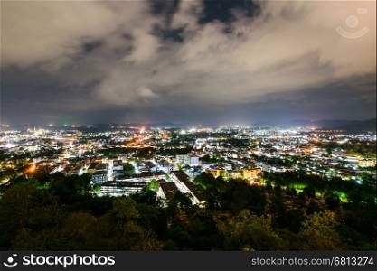 High angle view city at night sky from Khao Rang viewpoint is a tourist town near the sea on big island of Phuket province in Thailand