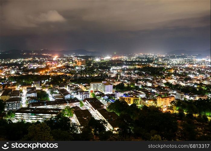 High angle view city at night sky from Khao Rang viewpoint is a tourist town near the sea on big island of Phuket province in Thailand