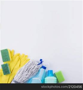high angle view cleaning products grey background