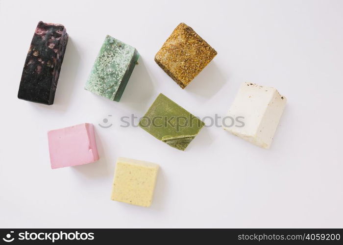 high angle view colorful soap bars white surface